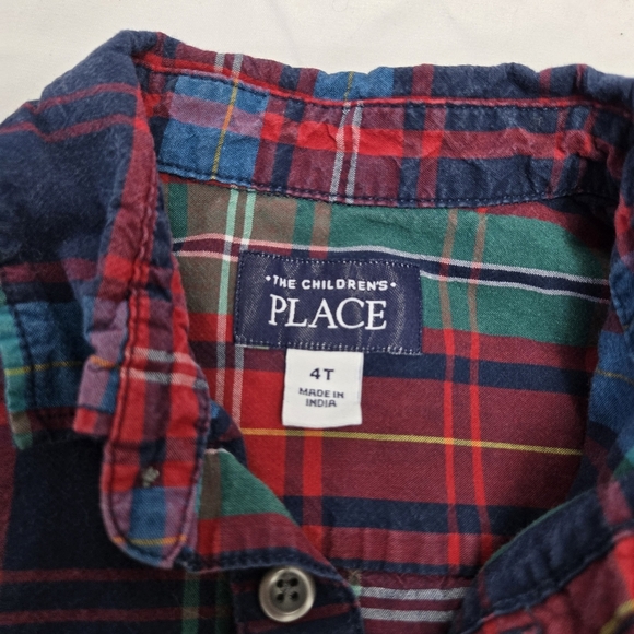 Boys The Children's Place Red Green plaid Print Button down Shirt Size 4T - Picture 3 of 8